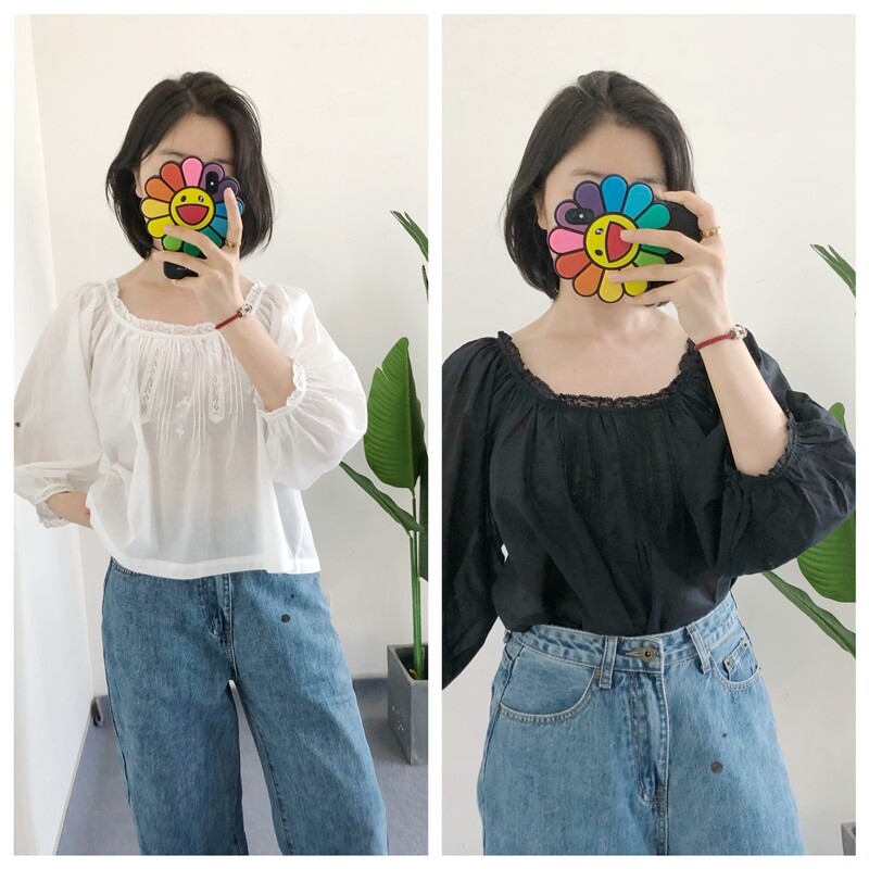 少量原标买手店do*n Florine蕾丝花边大圆领有机棉衬衫宽松娃娃衫