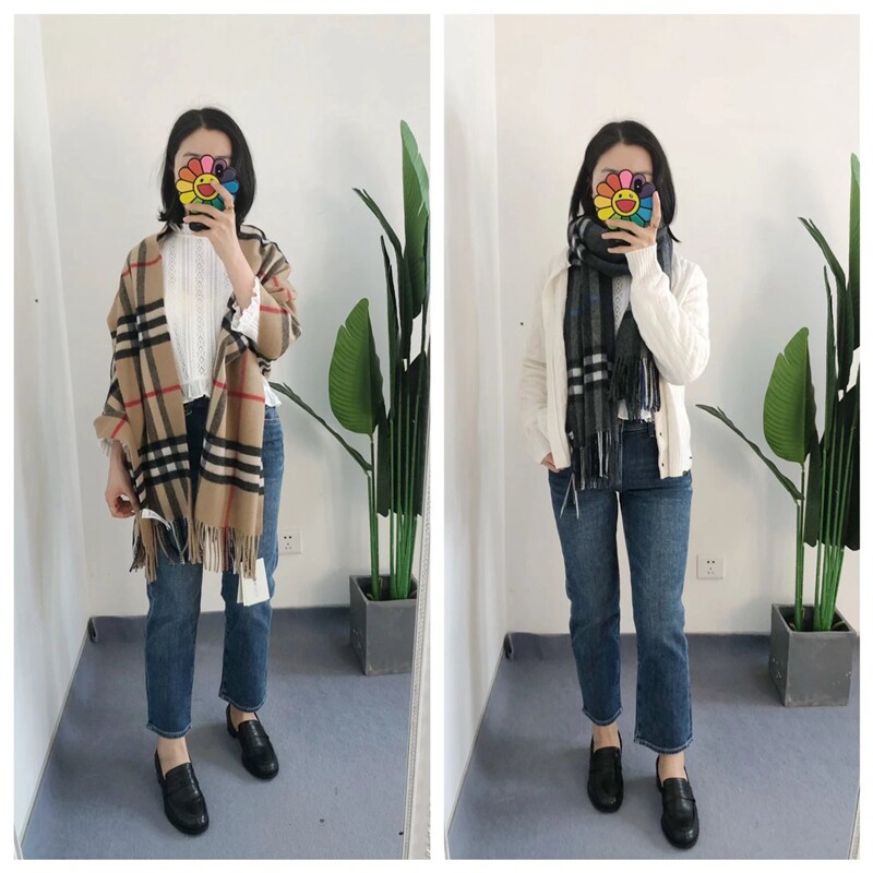 年底福利 买手店 双面羊绒格纹围巾流苏大披肩驼色 黑灰色 石色