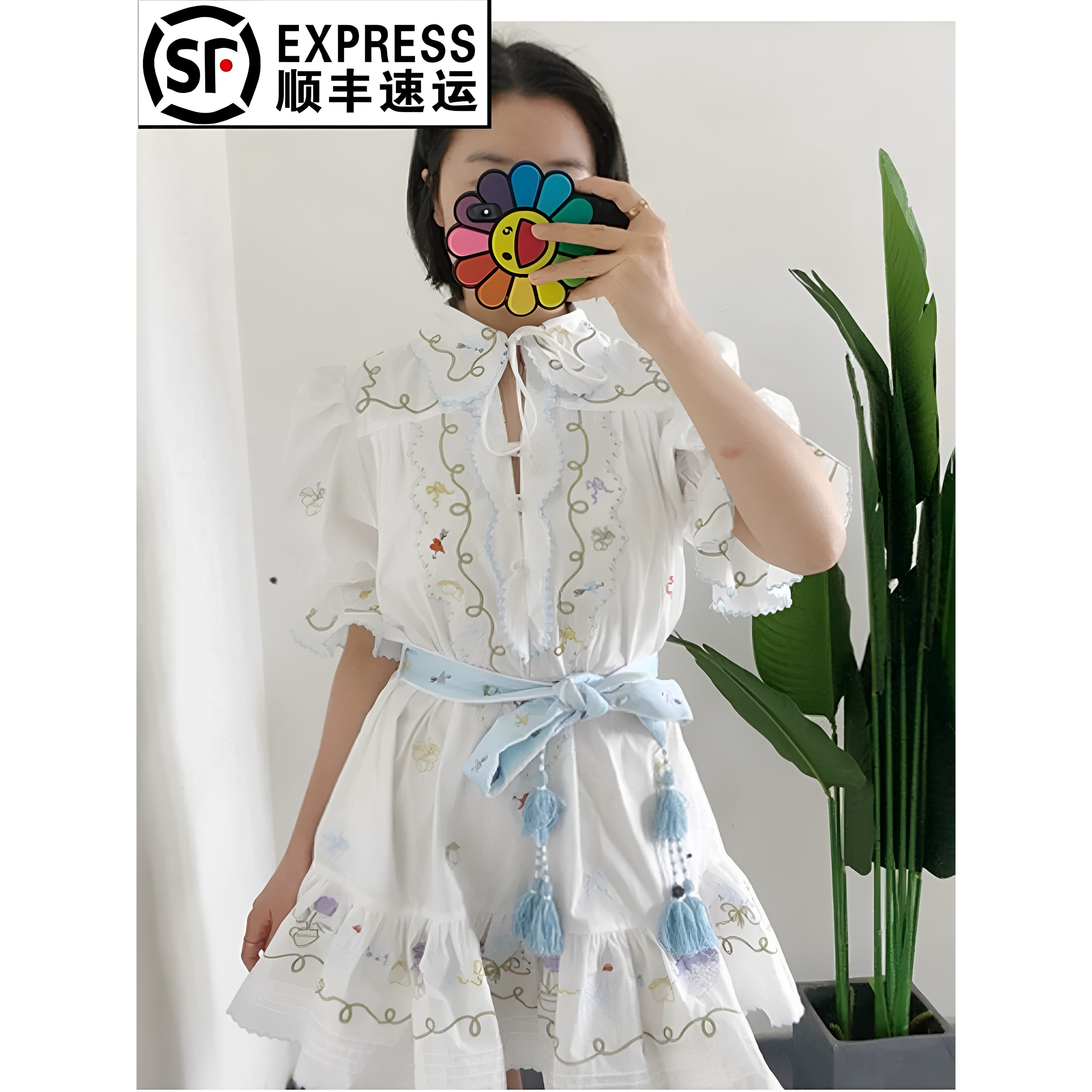 少量库存 买手店 小众 有机棉甜美花朵水果刺绣衬衫裙白色连衣裙