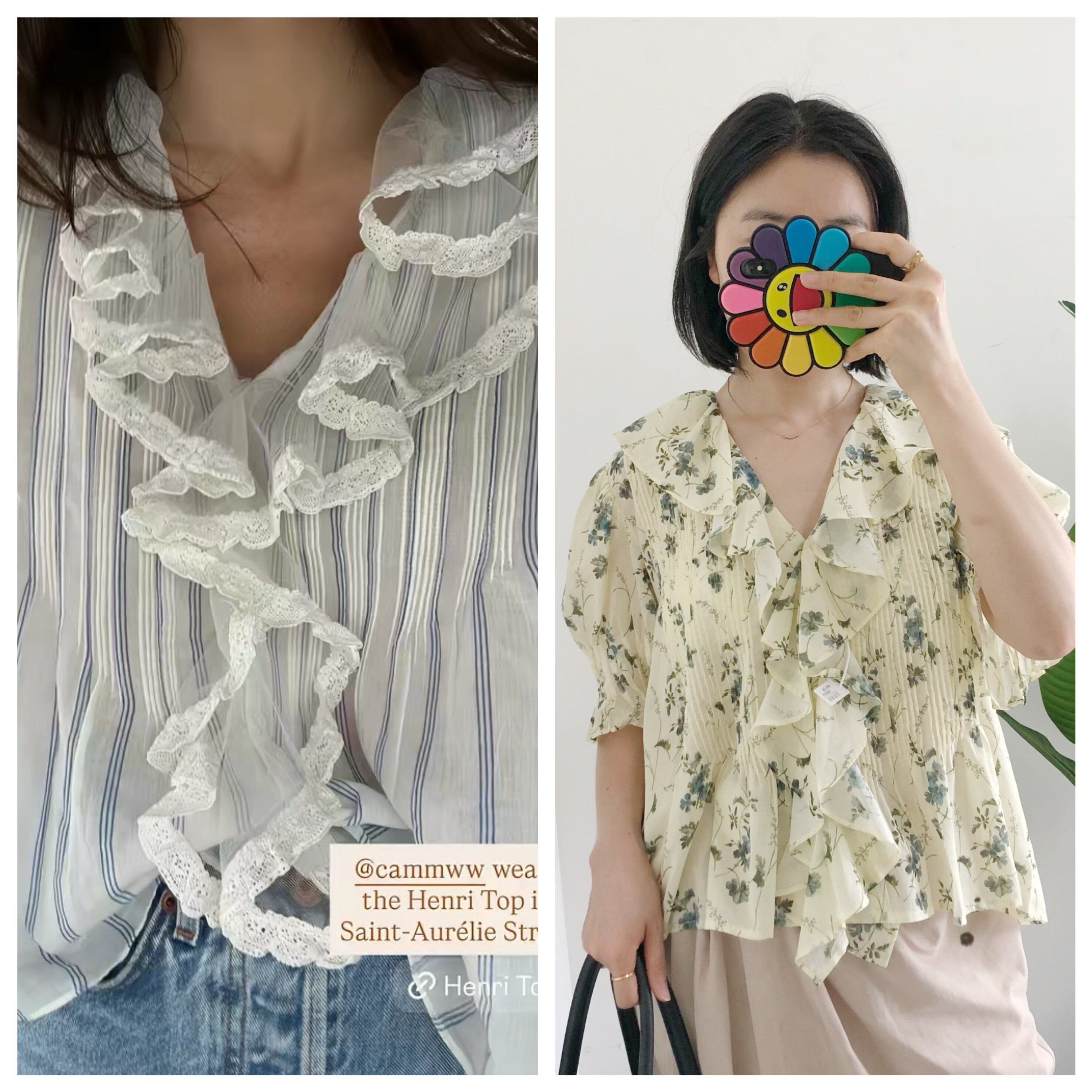少量原标 买手店do*n Henri荷叶边花边V领泡泡袖田园碎花短袖衬衫