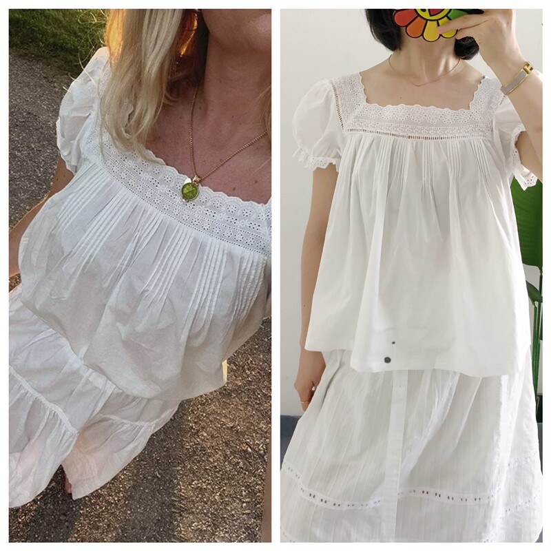 少量Y标 买手店do*n法式复古方领泡泡袖甜美蕾丝花边刺绣短袖衬衫