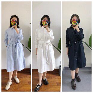 断码清 3条 买手店 牛津棉衬衫裙长袖女衬衫外套连衣裙白色天蓝色