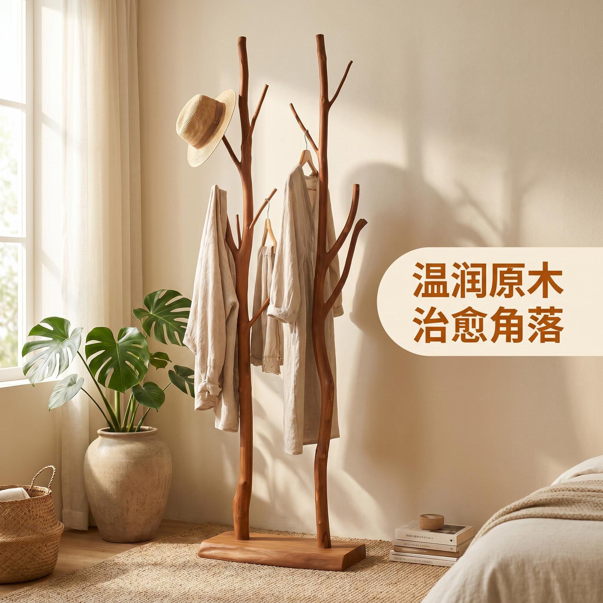 天然原木衣帽架卧室玄关民宿挂衣架创意树枝落地架可定制实木架子