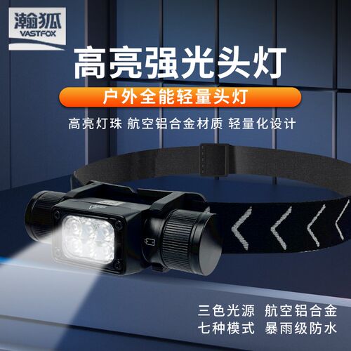 瀚狐头灯3色灯头红绿白光充电超亮头戴长续航便携户外夜钓登爬山