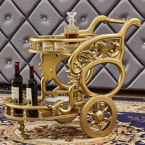 香格里拉家具欧式餐车全实木推车家用餐厅豪华推手车双层移动推车