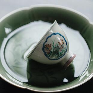 无落中号主人杯拟古青瓷高足釉下粉彩手绘山间美景手绘品茗杯茶杯