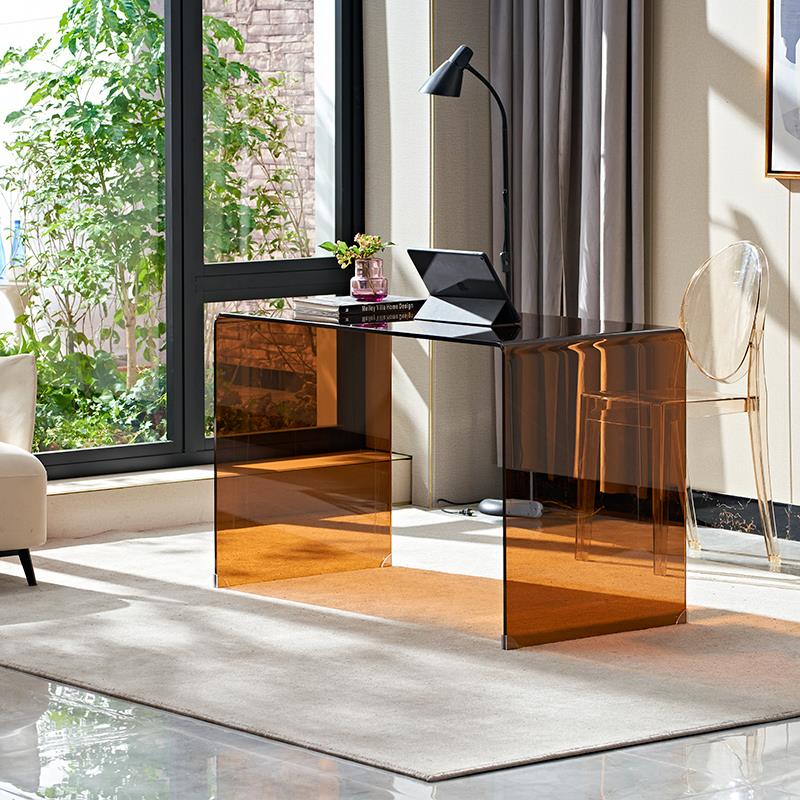 茶色玻璃北欧简易台式笔记本电脑桌家用现代简约书桌卧室轻奢办公