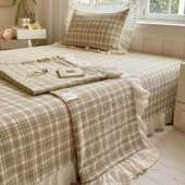 法式 全棉水洗棉花边小三格子床榻盖缝件套高温酵XS素砂洗绗夹棉榻