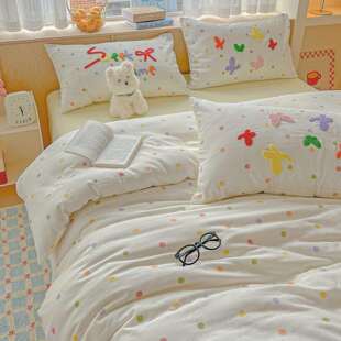 奶油风A类全棉双套层纱四件套0纯棉被毛巾绣10女床单床笠20250622