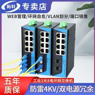 拓轩工业级WEB管理环网交换机千兆2光4电8电16电环网收发器导轨式 监控光纤收发器VLAN端口镜像