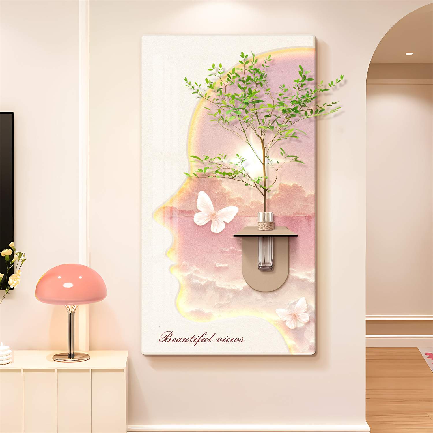 奶油风现代简约立体入户玄关装饰画水培绿植走廊过道晶瓷挂画图片