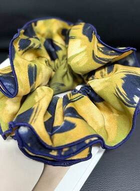 复古黄色印花布艺大肠圈高级感晕染扎马尾时尚百搭女头饰