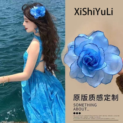 蓝花朵侧边发夹 仿真海岛度假头饰 温柔风头花 海边拍照配饰