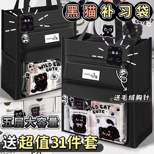 小黑猫补习袋初中小学生手提拎书袋大容量透明收纳包男款女孩多功能补课包文件资料袋加厚高颜值帆布补课包