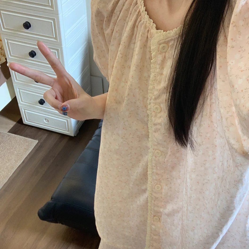 甜美风碎花睡衣女夏季棉麻短袖翻领淡粉色少女日系宽松家居服套装