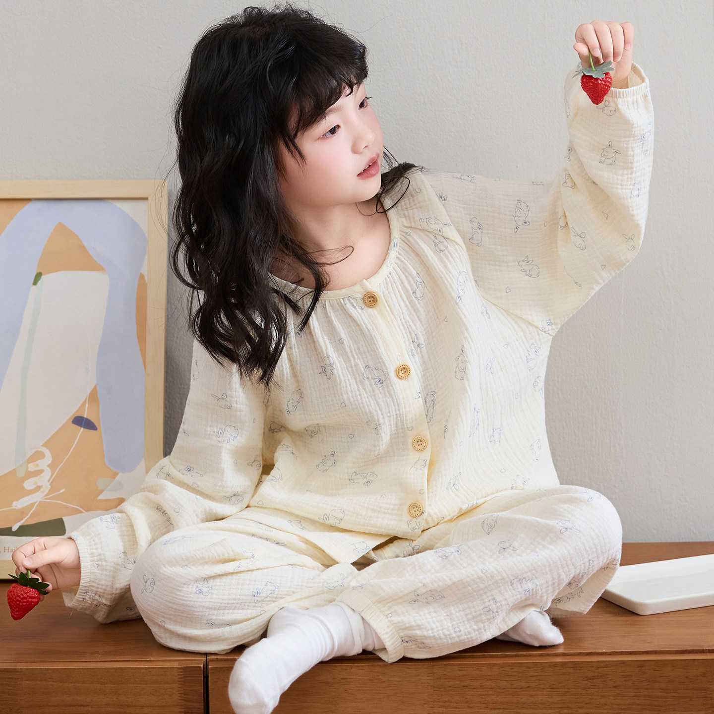 纯棉睡衣女童春秋季双层纱布透气家居服儿童卡通小兔夏长袖空调服