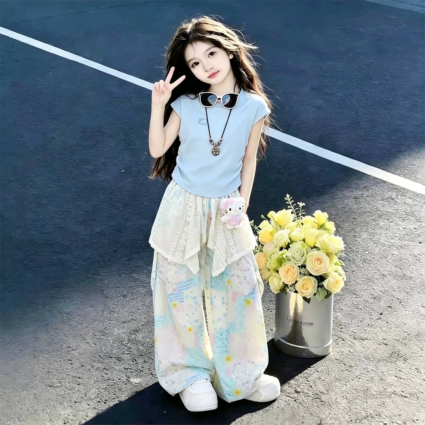 女童夏季韩版套装2026新款中大童夏装卡通猫咪短袖屁帘裤两件套潮