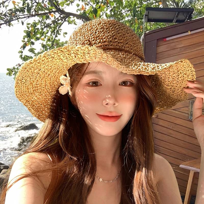 度假风草帽蝴蝶结渔夫帽子女夏季新海边沙滩防晒遮阳帽大檐编织草