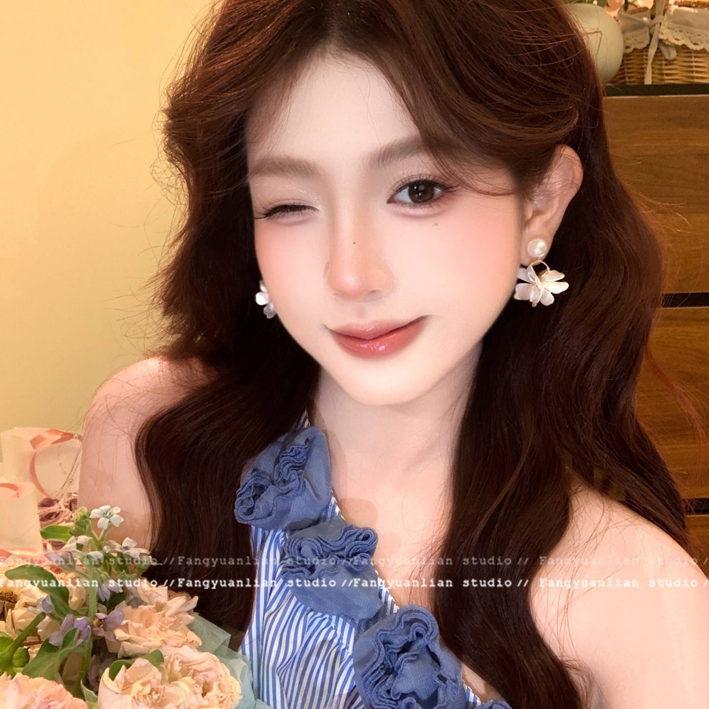 气质白茶法式温柔风白色花朵珍珠耳环女2026新款耳钉高级感耳饰
