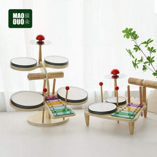 多功能木质音乐台儿童启蒙打鼓玩具双层铁琴片架子鼓卡通造型