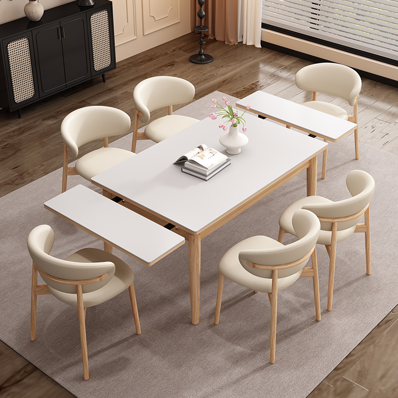 喜临门德利丰岩板伸缩餐桌椅原木奶油风家用小户型实木折叠长方形