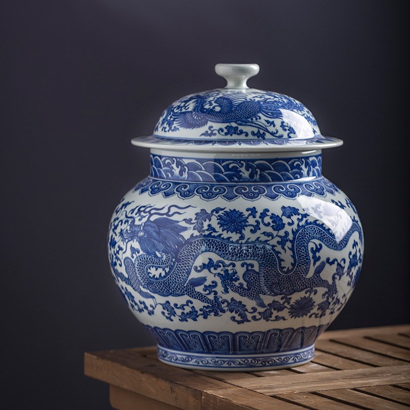 景德镇陶瓷花瓶仿古手绘青花龙纹将军罐中式客厅公司收藏陶瓷摆件