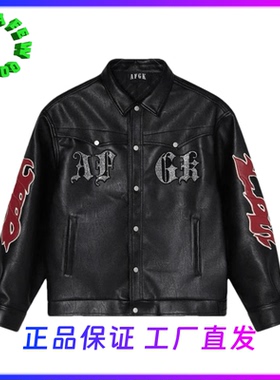 AFGK2023FW 烫钻贴皮翻领皮衣美式街头复古嘻哈潮流休闲排扣外套