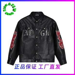 AFGK2023FW 街头复古嘻哈潮流休闲排扣外套 烫钻贴皮翻领皮衣美式