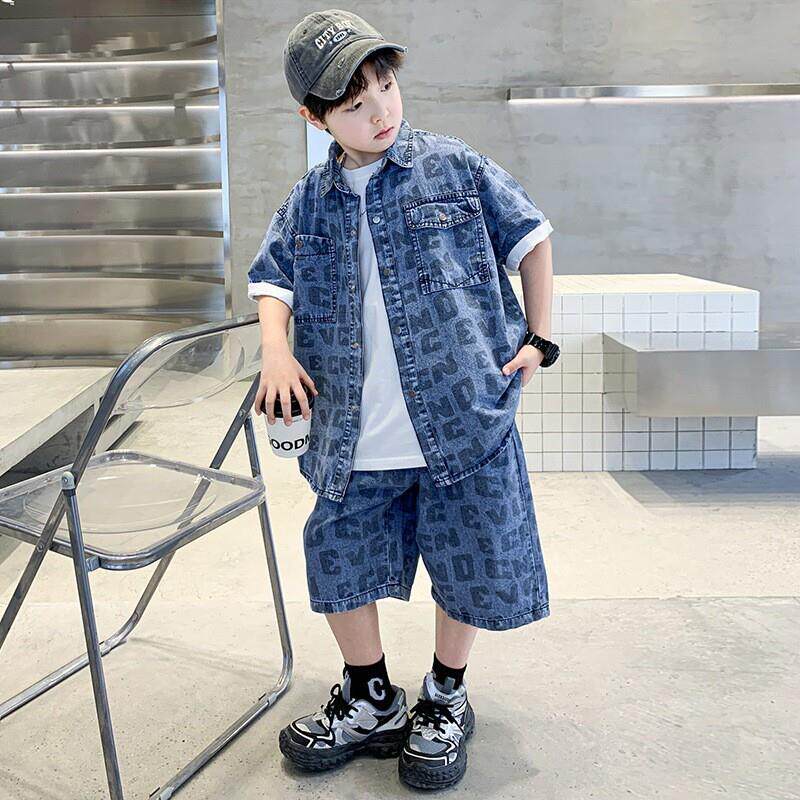夏季牛仔套装男孩薄款青少年衬衫套装