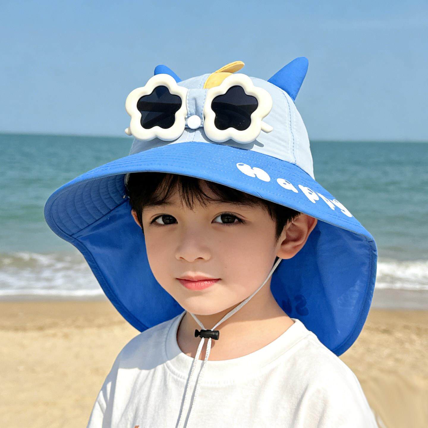 儿童帽子夏天男孩帅气带墨镜防晒帽女童遮阳帽大檐防紫外线披肩帽