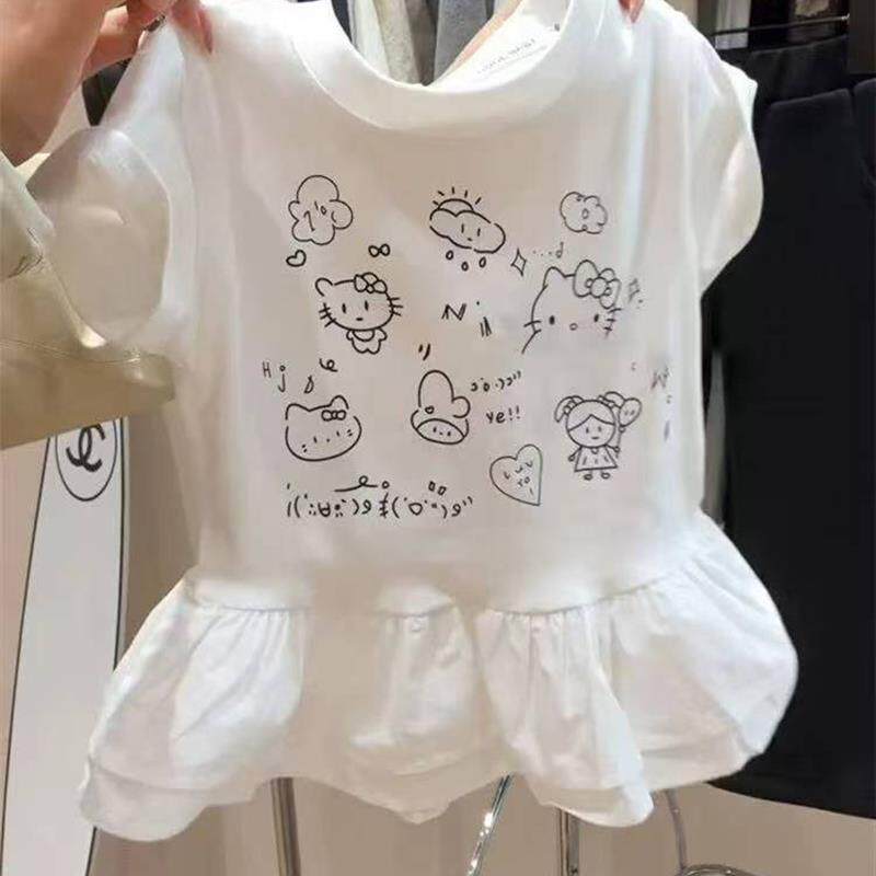 2025夏季新款儿童t恤宝宝洋气可爱KT猫印花瓣裙摆女童T恤短袖上衣