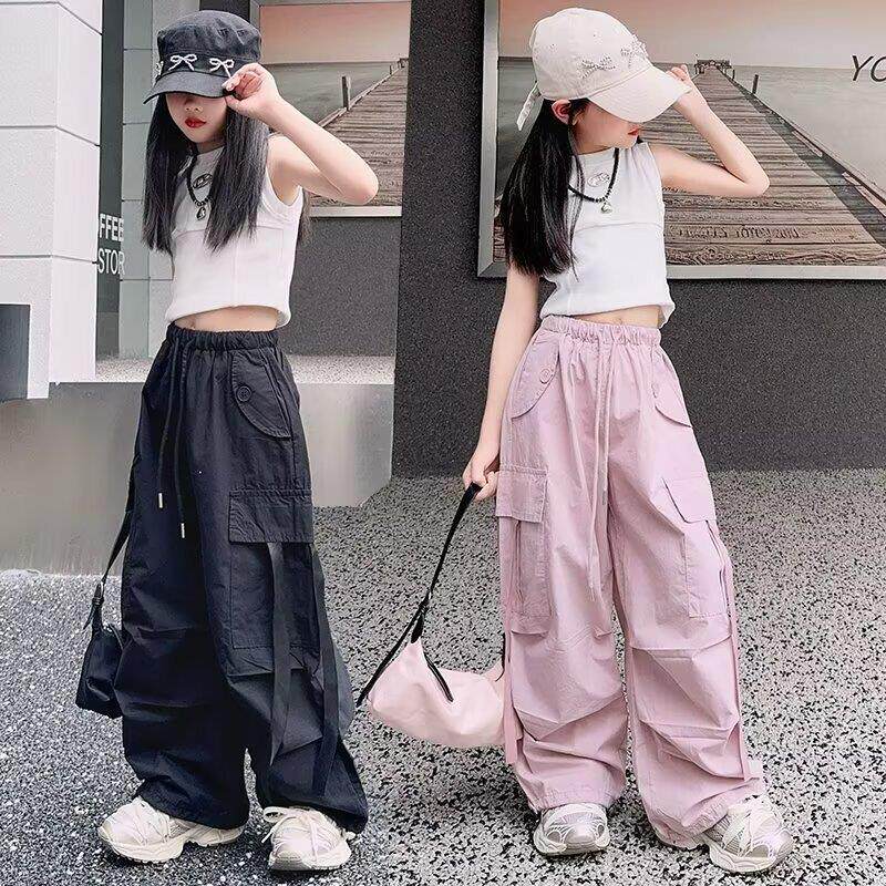 女童时尚工装休闲裤子2025夏季薄款儿童装炸街辣妹女大童阔腿裤子