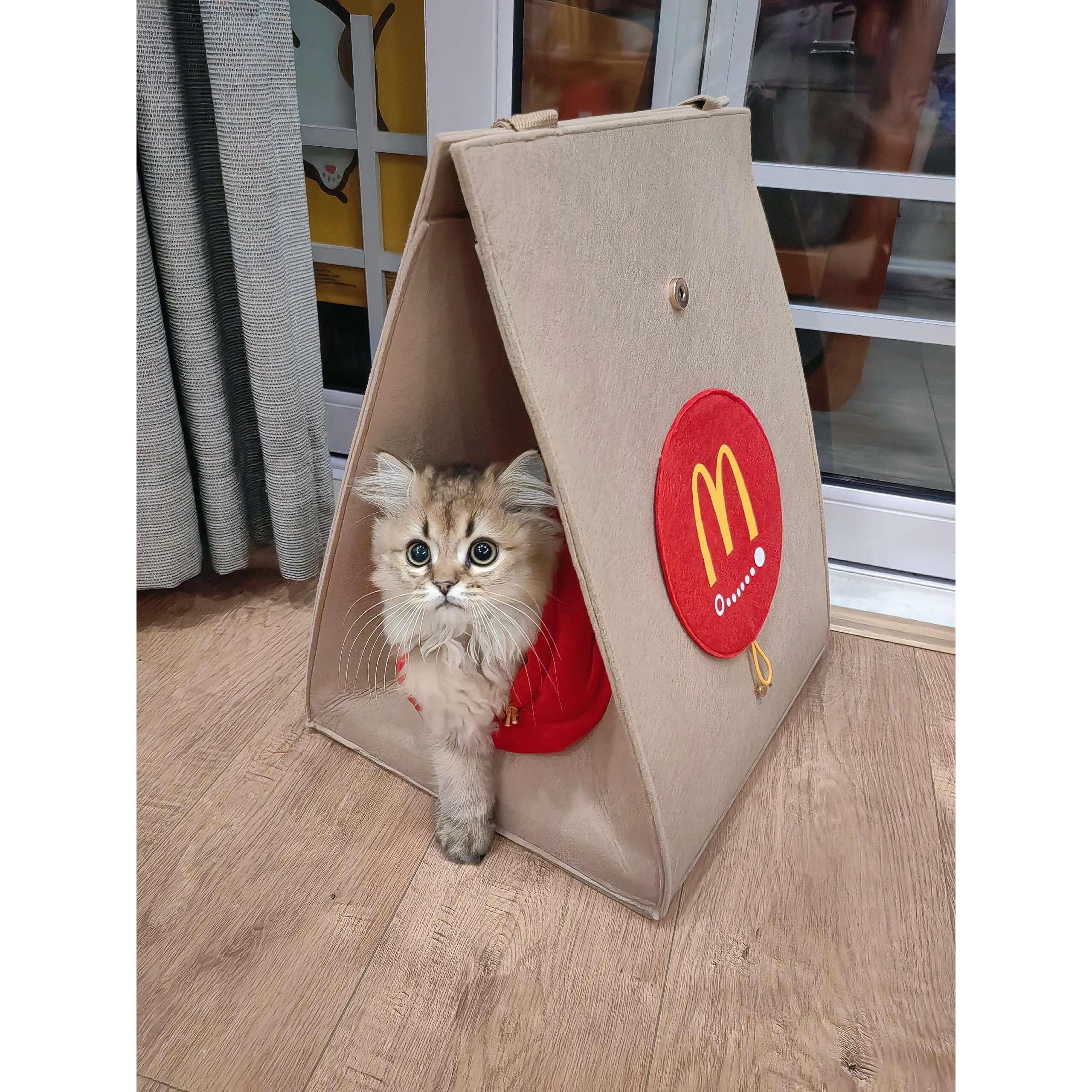 麦当劳猫窝喵喵麦乐送厚实毛毡毛绒单肩贴纸包手提袋宠物外出新品