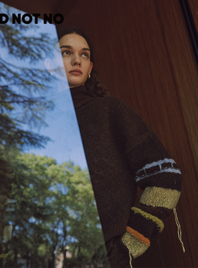 NOD NOT NO彩色条纹袖口流苏羊毛混纺圆领毛针织套头衫毛衣新品