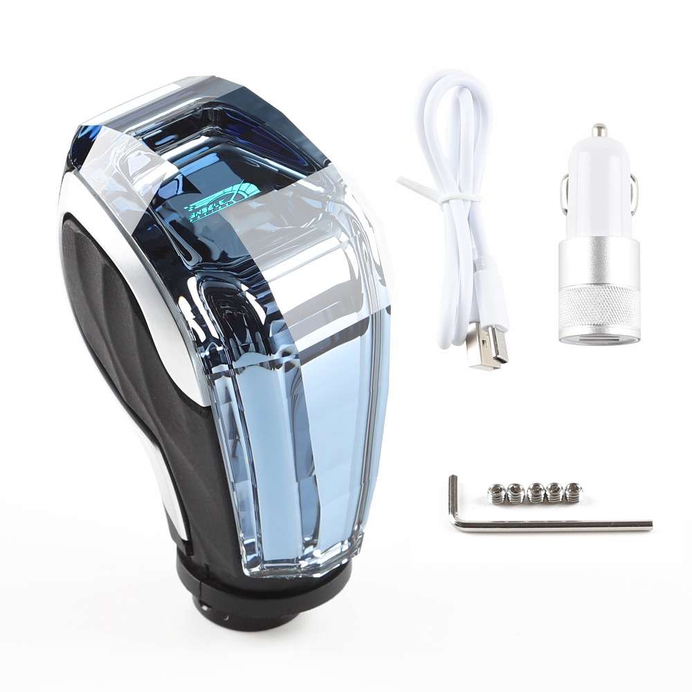 新款汽车改装自动挡按钮排挡头LED触摸发光水晶档把通用