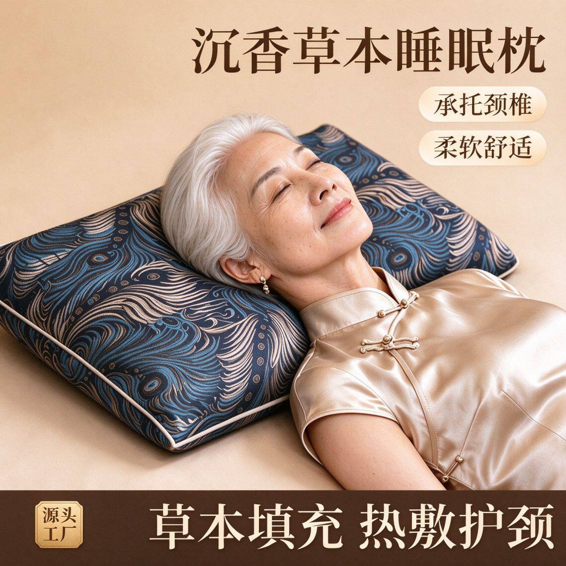 枕头沉香枕头家用高质量睡眠中老年人送父母长辈锦缎艾草颈椎枕