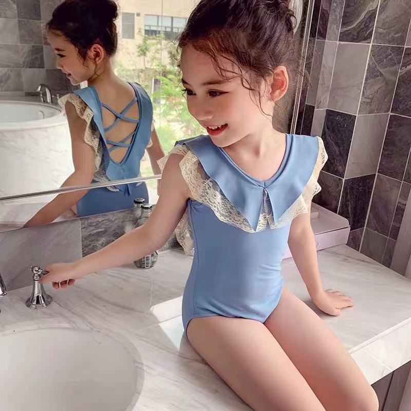 2025新款儿童连体泳衣 女童可爱蕾丝花边荷叶袖泳衣交叉美背泳装