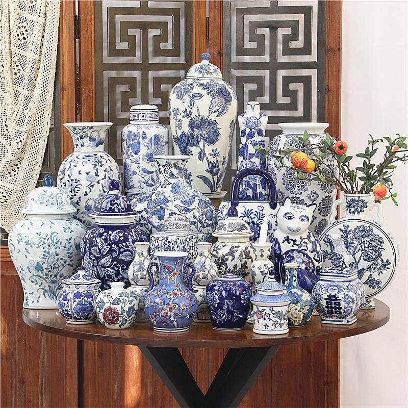 中式彷古青花瓷器花瓶桌面插花摆件客厅电视柜玄关博古架装饰摆设