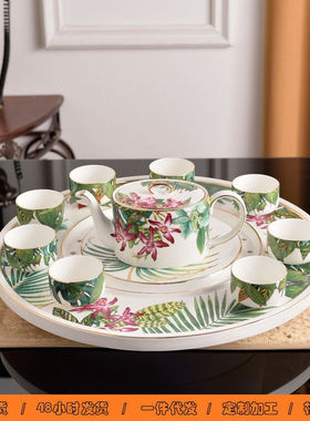 2024新款豪华现圆形陶瓷茶盘热带雨林家用小型茶托盘排水带