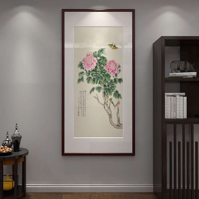 新中式入户玄关装饰画富贵牡丹走廊过道招财墙壁画楼梯间花鸟挂画图片