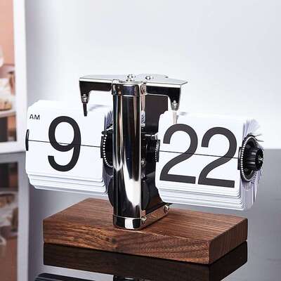 轻奢自动翻钟页时钟座客厅摆件办公室MHX胡桃木面机械用家桌装饰