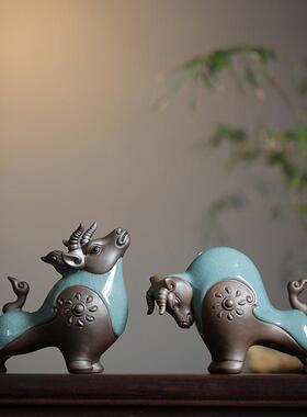 牛气冲天陶牛摆件创意家居客厅办桌面公招财牛YA688555装饰品瓷室