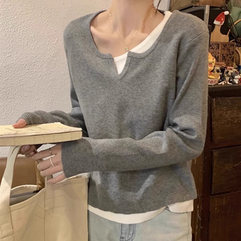 极速v领假两件针织衫毛衣t女春秋冬季内搭打底衫设计感别致长袖上