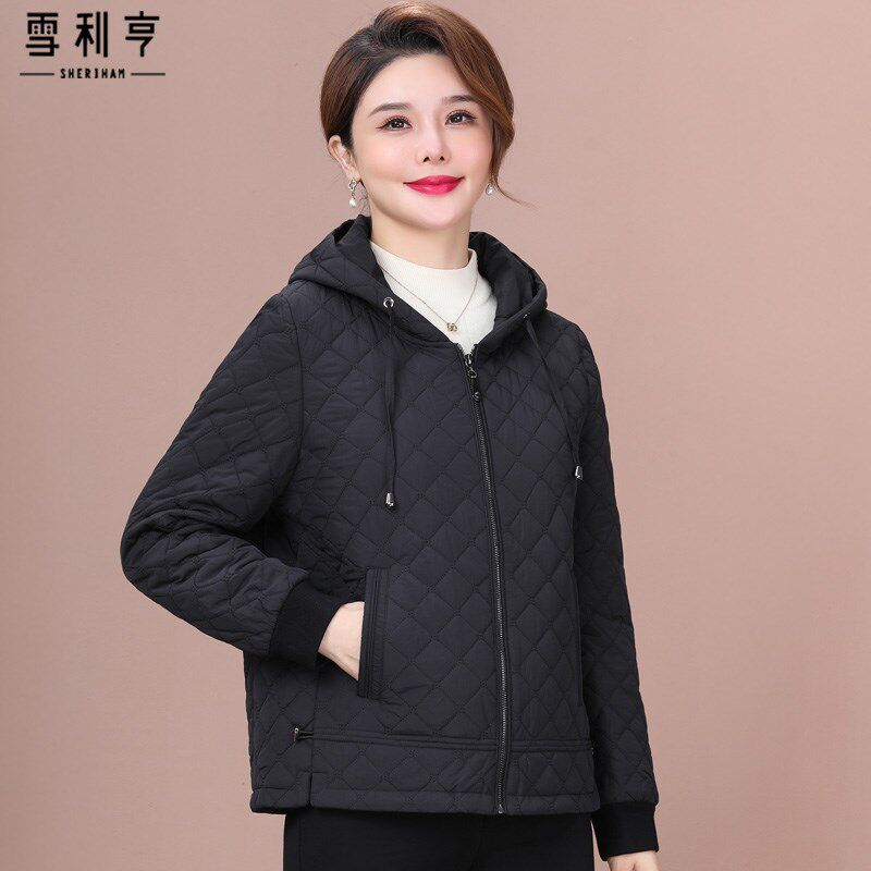 新品妈妈棉服女秋冬小o个子短款轻薄外套连帽大码宽松时尚中老年
