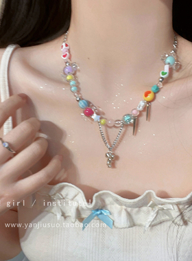 极速私藏!敲适合夏天滴彩虹糖果项链女I小众配饰网红甜酷辣妹锁骨