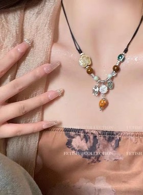 极速醉梦爱心陶瓷串珠项链女202B3新款爆款新中式复古毛衣链编织