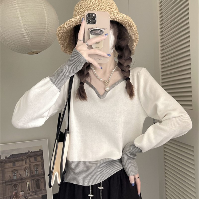 极速独特设计感撞色针织衫女秋y冬法式低领修身显瘦春秋内搭打底