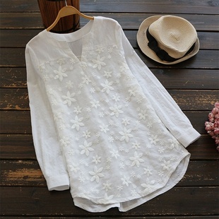 极速Casual Loose Long Ssleeve White Blouse Women Spring Fall