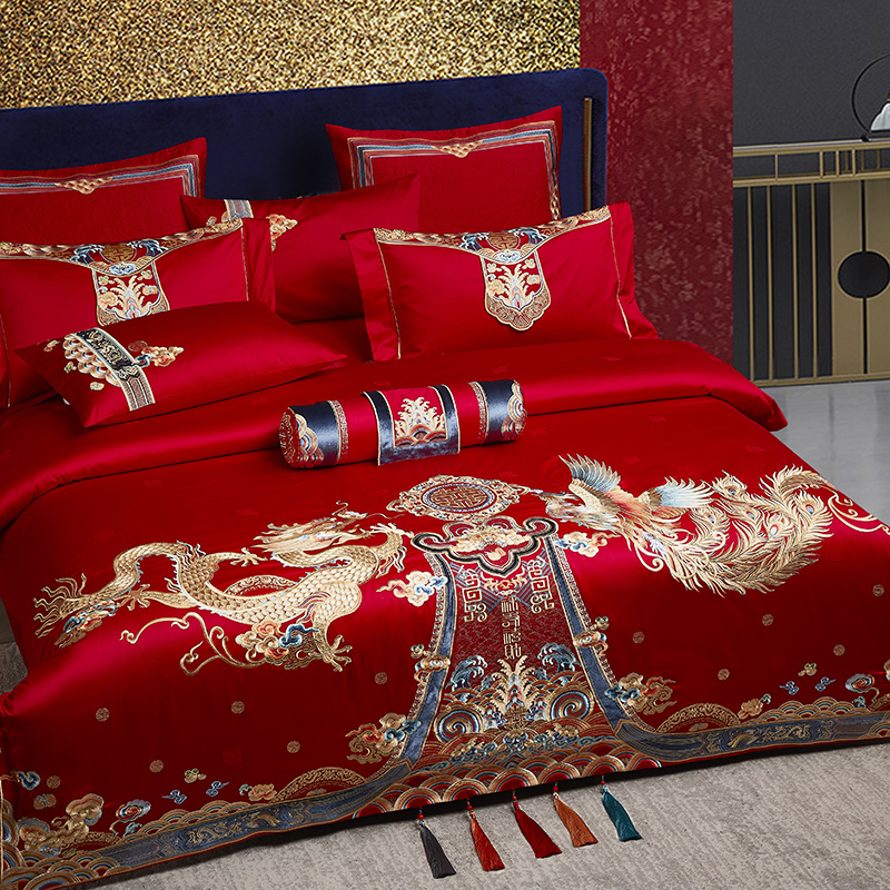 极速高端结婚礼床上用品四件套纯棉刺F绣花新婚喜被套大红色婚庆