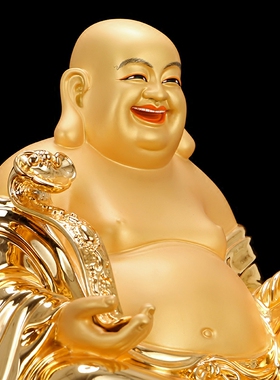 极速台湾铜鎏金弥勒佛像家居供奉C客厅纳财迎福摆件大肚佛坐莲笑